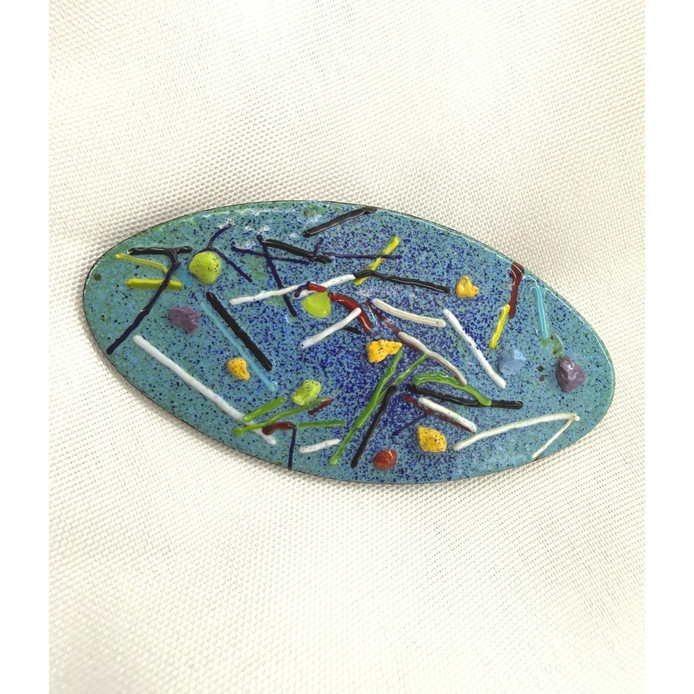 VTG Artist Handmade‎ Enamel Brass 80s Brooch Abstract Confetti Design Oval Pin